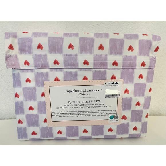 Cupcakes & Cashmere Queen Sheet Set Hearts Purple Pink - Picture 3 of 4